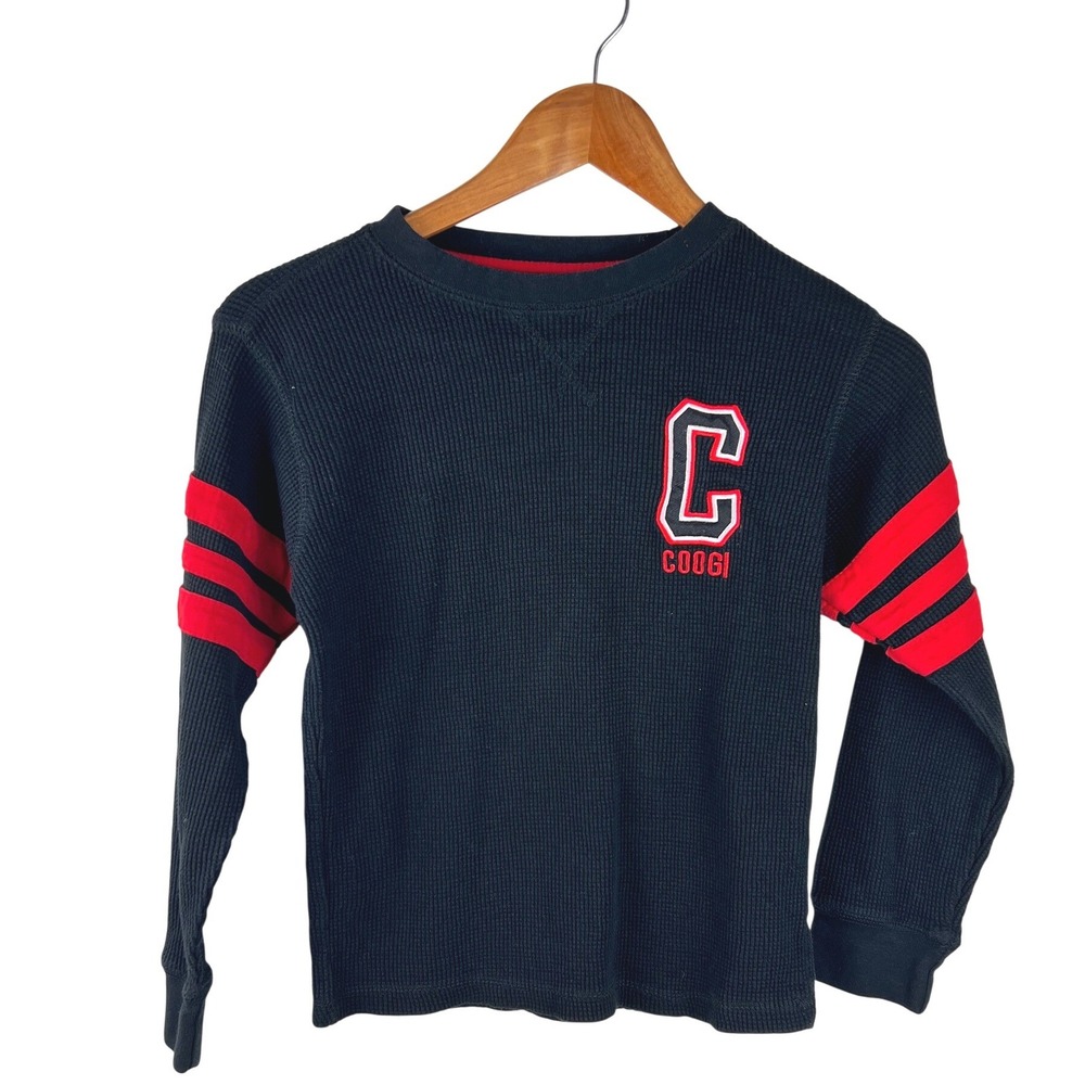 Coogi‎ Kids Black Waffle Knit Long Sleeve Shirt C Logo Red Stripes Size 10 12